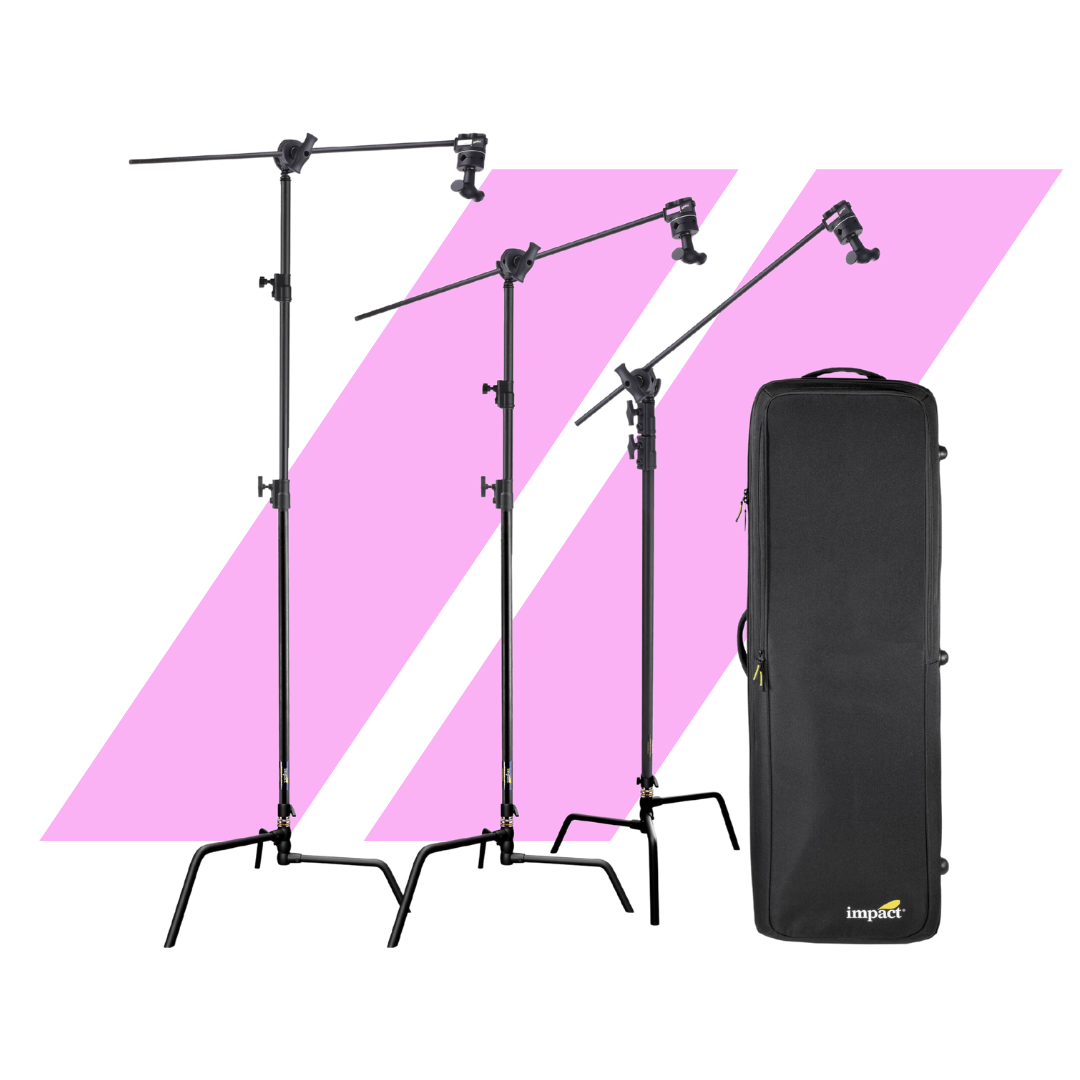 Impact 3x C-Stand with Turtle Base, Grip Head, 40" Extension Arm & Rolling Case Kit
